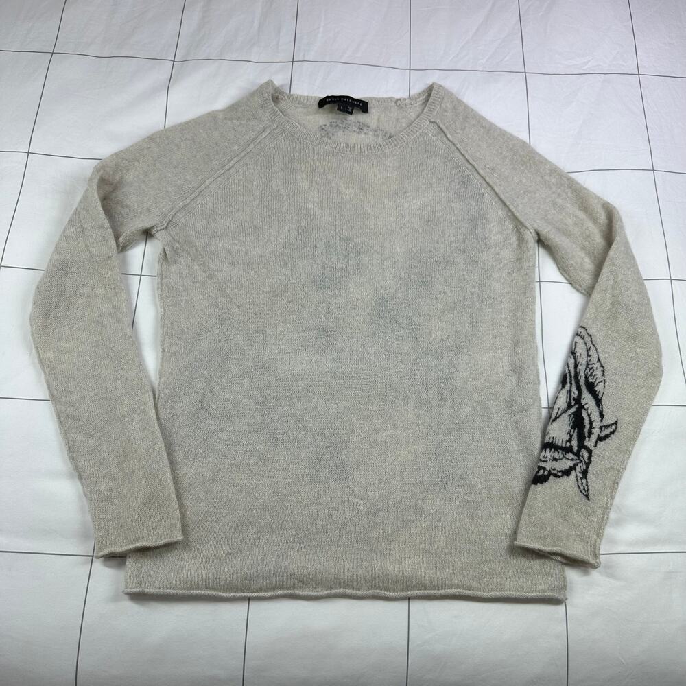 Skull Cashmere Sweater Womens Small Cream Black Skull Rose Graphic Print Light
